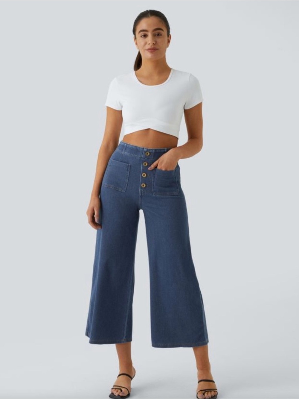 Halara Flex™ High Waisted Pockets Washed Casual Wide Leg Pull On Jeans Small
